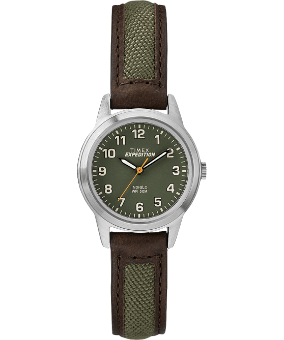 kellot | Timex miehet Expedition field mini 26mm nahkarannekello kromi/ruskea/vihreä 64XP25