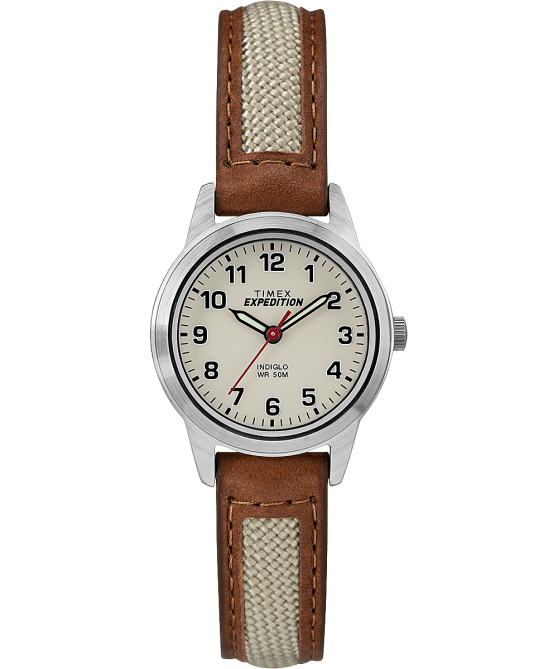 kellot | Timex miehet Expedition field mini 26mm nahkarannekello kromi/rusketus/luonnollinen 64XP26