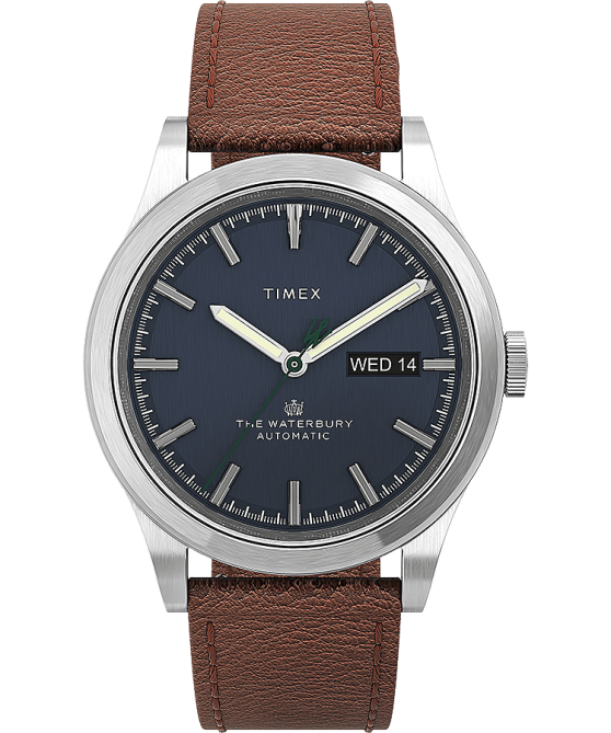 kellot | Timex miehet Waterbury perinteinen automaattinen 39mm nahkarannekello ruostumaton teräs/rusketus/sininen 64XP55
