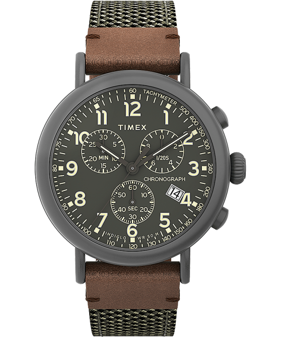 kellot | Timex miehet tavallinen kronografi 41mm kangas- ja nahkarannekello gunmetal/vihreä 64XP96