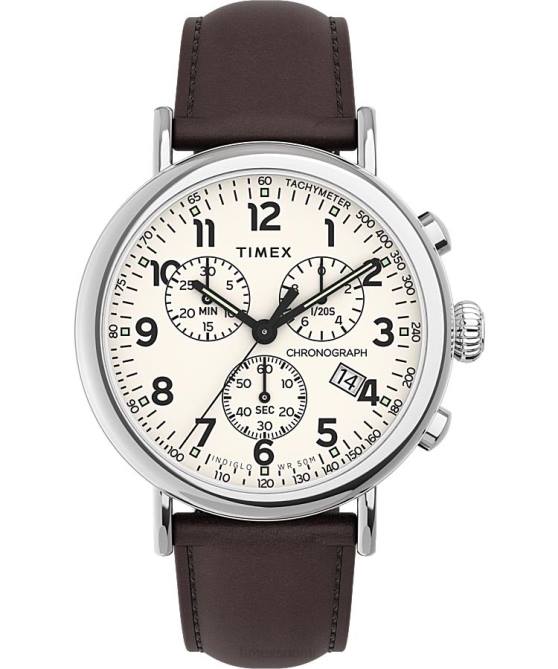 kellot | Timex miehet tavallinen kronografi 41mm nahkarannekello hopean sävyinen/ruskea/kermanvärinen 64XP97