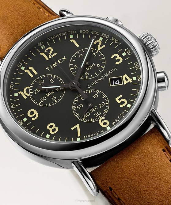 kellot | Timex miehet tavallinen kronografi 41mm nahkarannekello hopean sävyinen/ruskea/vihreä 64XP101