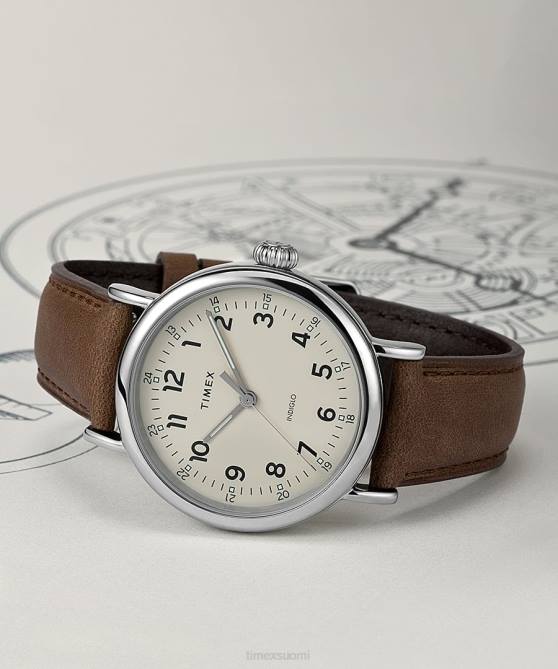 kellot | Timex miehet tavallinen 40 mm nahkarannekello hopean sävyinen/ruskea/kermanvärinen 64XP195