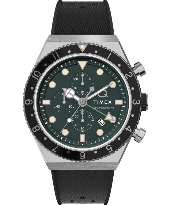 kellot | Q Timex miehet kolmen aikavyöhykkeen kronografi 40 mm synteettinen kumirannekello ruostumaton teräs/musta/vihreä 64XP63