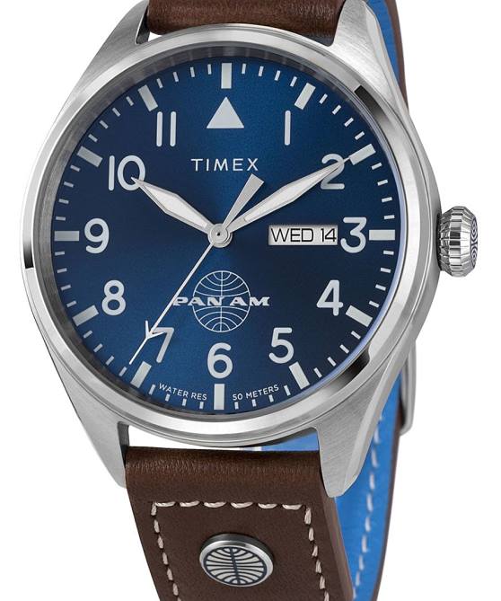 kellot | Timex x miehet pan am day-date kello 42mm nahkarannekkeella ruostumaton teräs/ruskea/sininen 64XP81