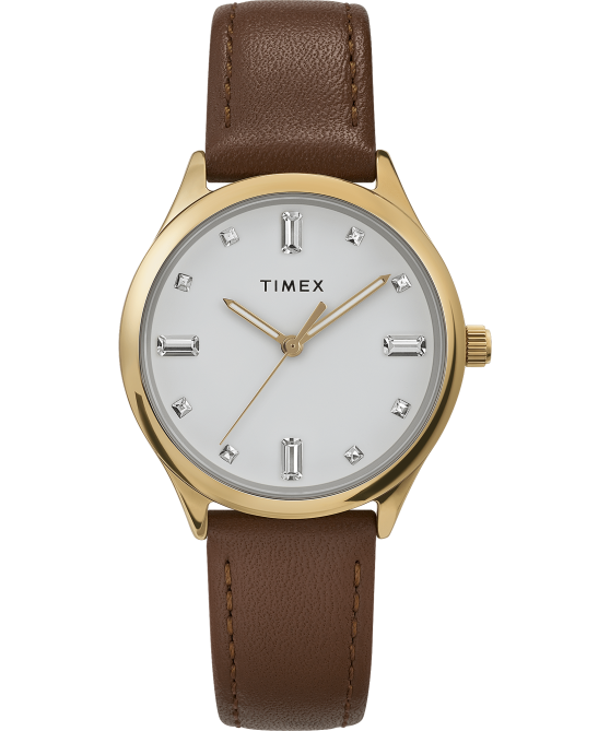 kellot | Timex naiset moderni mekko kello 32mm nahkarannekkeella kullan sävyinen/ruskea/valkoinen 64XP385