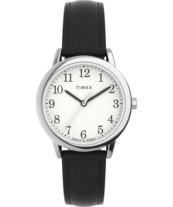 kellot | Timex naiset helppolukuinen 30 mm kertasäätöinen nahkarannekello hopean sävyinen/musta/valkoinen 64XP397